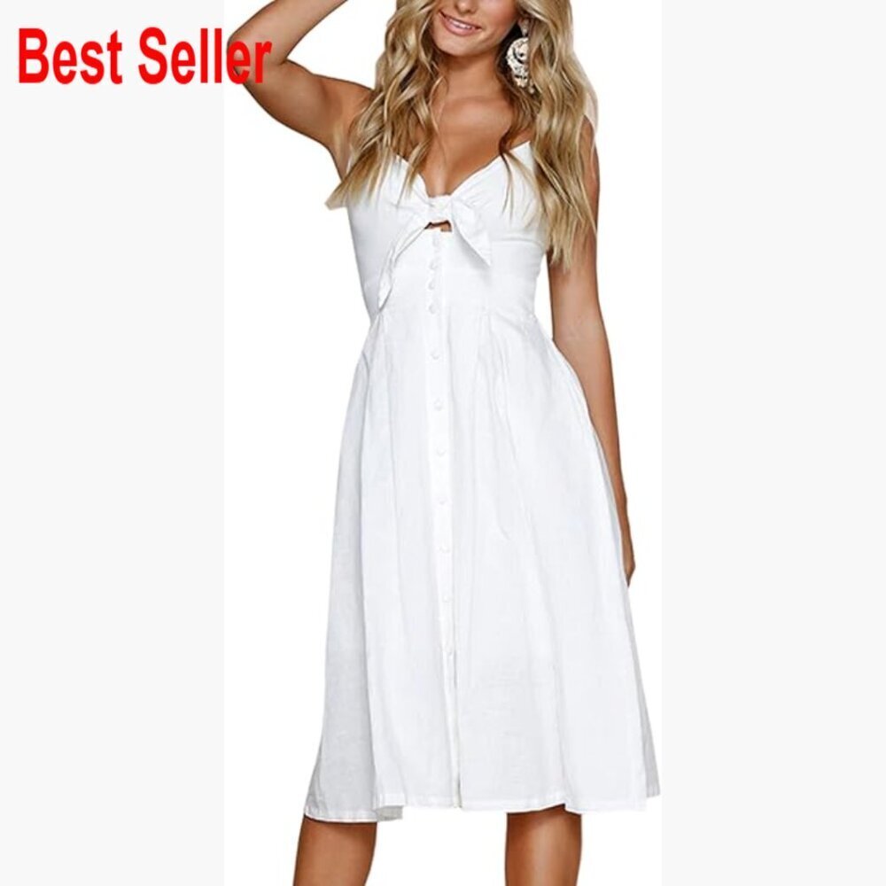 Polyester A-Line Midi Dress with V-Neck and Spaghetti Straps